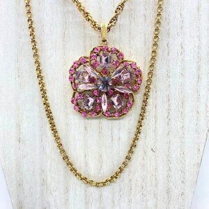 Vintage Pink Crystal‎ Pendant Necklace With Gold Tone Double Rope Chain 30"